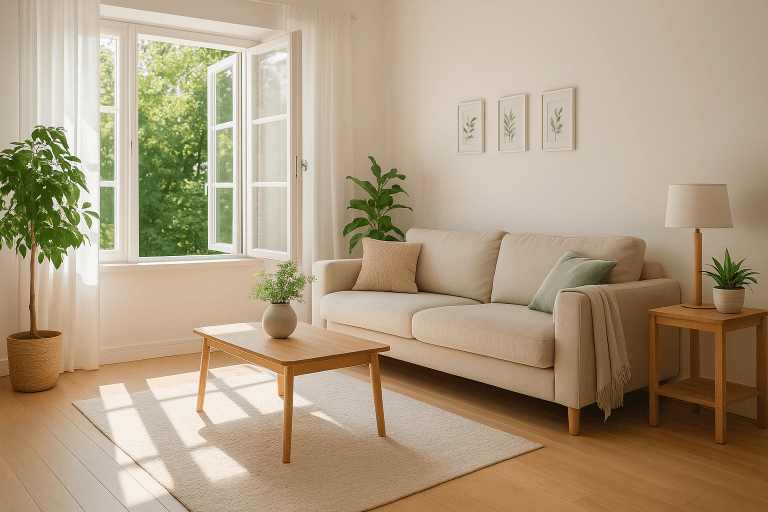 Sala de estar limpia y luminosa con ventanas abiertas y plantas, transmitiendo frescura y limpieza en el hogar.